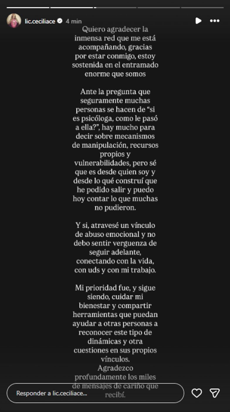Cecilia Ce comparte su experiencia sobre violencia de género en una publicación
