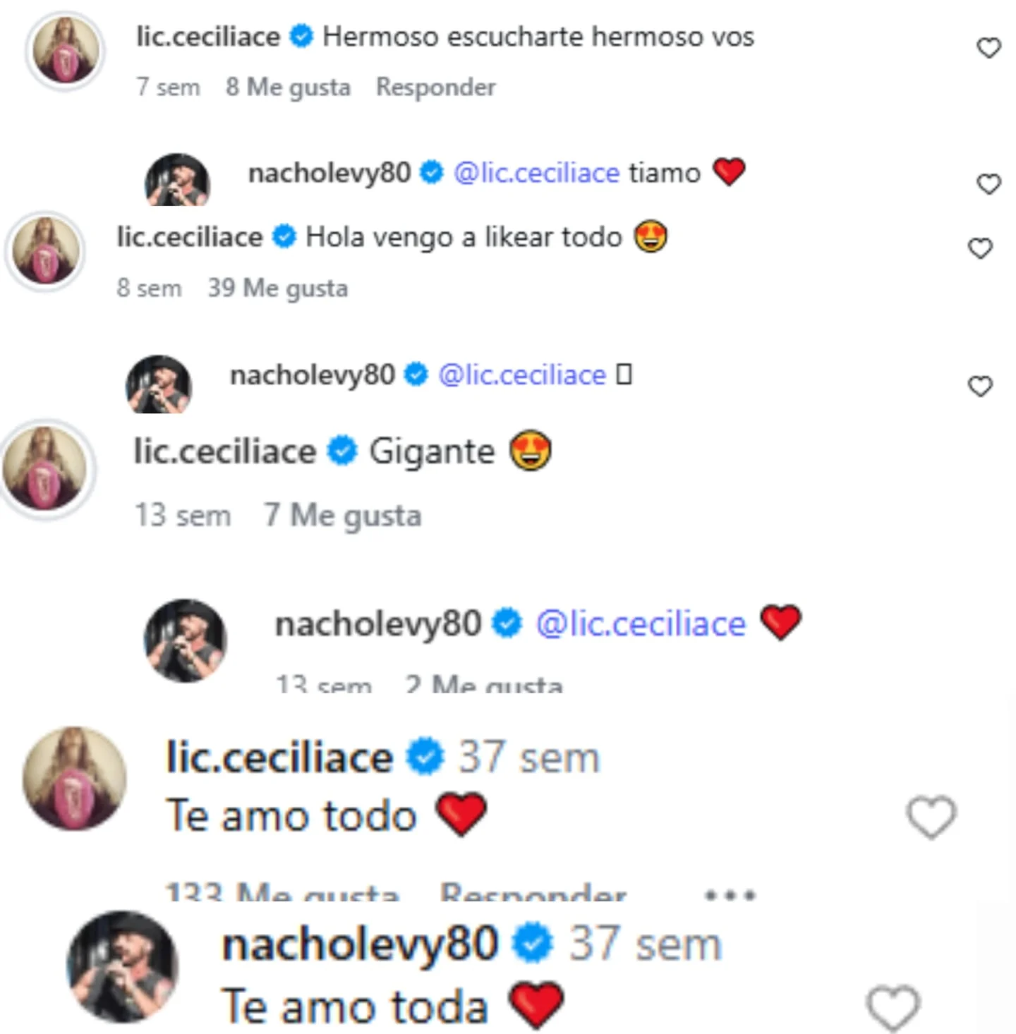 Comentarios de Cecilia Ce y Nacho Levy en redes sociales sobre su relación