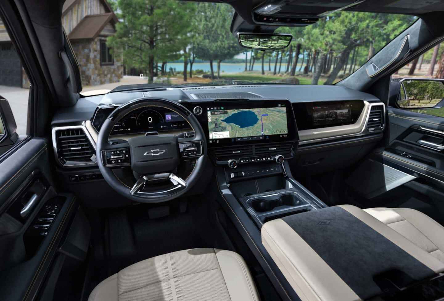 Interior de la Chevrolet Silverado 2027 con pantalla digital y diseño moderno