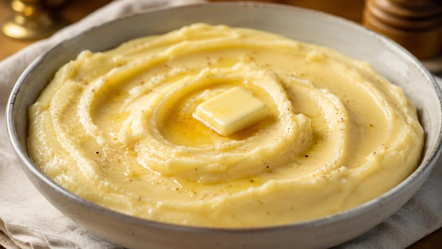 Puré de papa cremoso con mantequilla en el centro