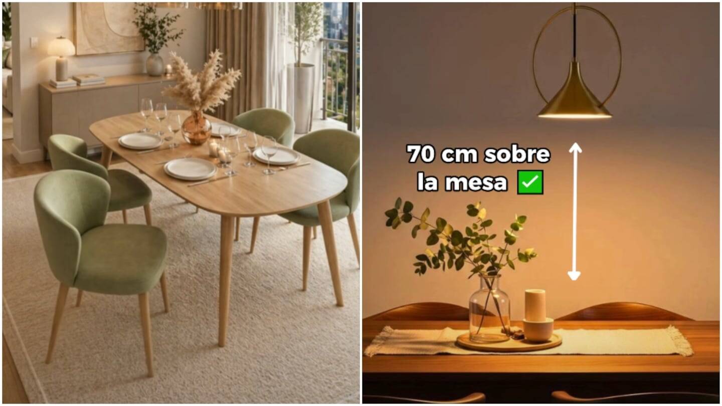 Comedor moderno con mesa de madera y sillas verdes