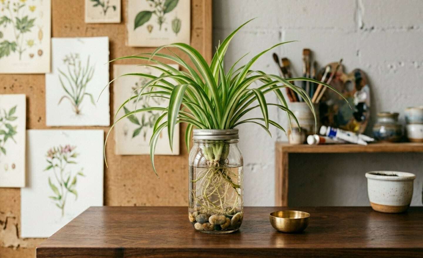 Planta de interior en agua en un frasco de vidrio con piedras decorativas
