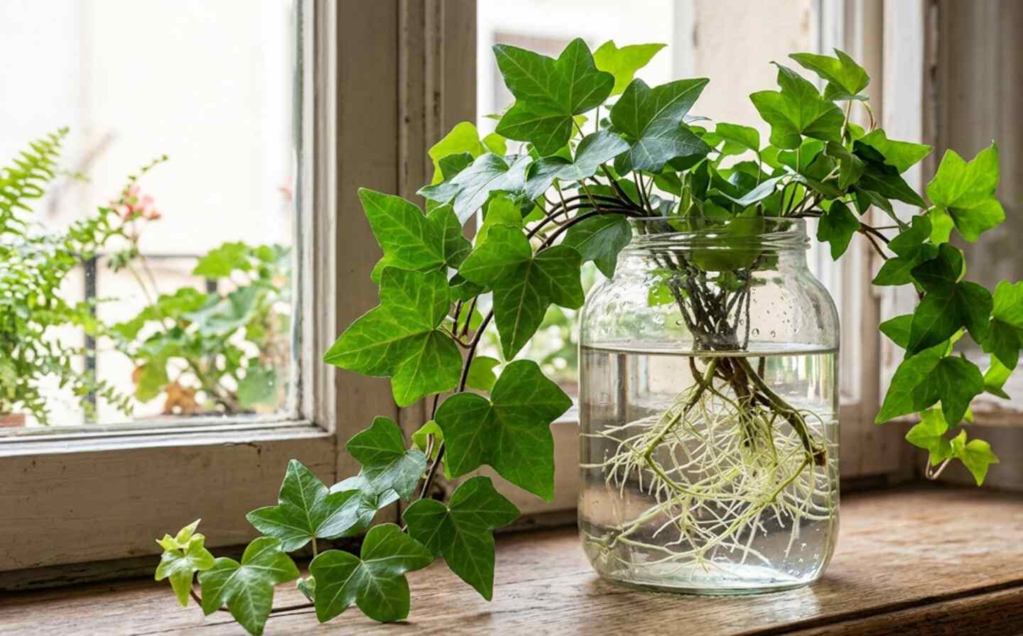 Planta de hiedra en un recipiente con agua junto a una ventana