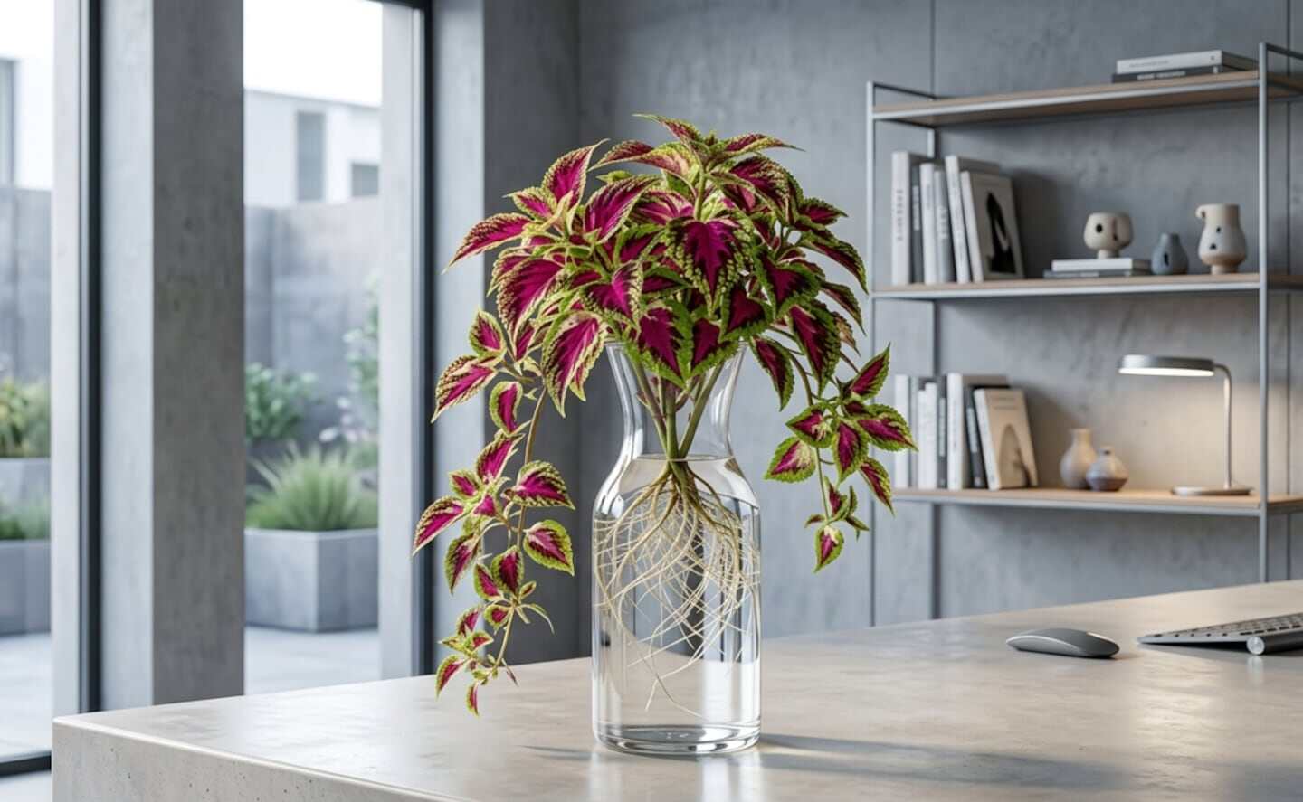 Planta de interior en un jarrón de vidrio con hojas coloridas en un ambiente moderno
