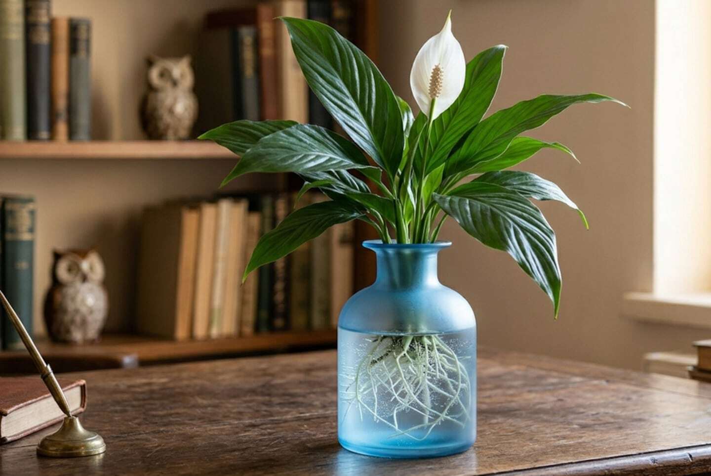 Planta de interior en agua en un jarrón azul con raíces visibles