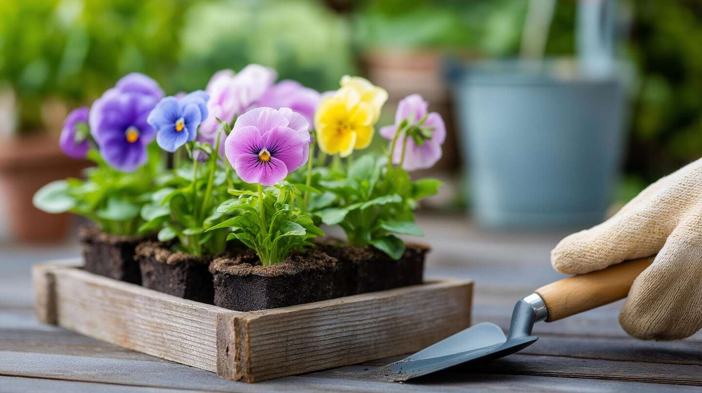 Plantas de pensamiento en macetas sobre una mesa de madera