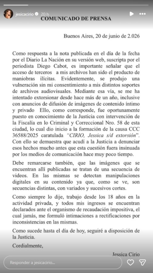Comunicado de prensa de Jesica Cirio sobre la situación con Martín Insaurralde