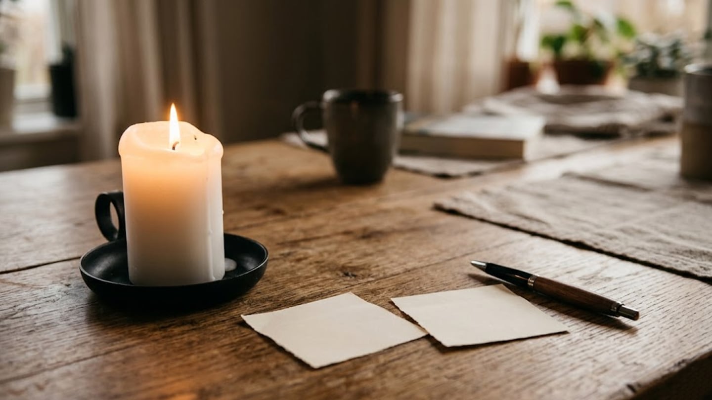 Mesa con vela encendida, dos papeles en blanco y un bolígrafo sobre un fondo acogedor