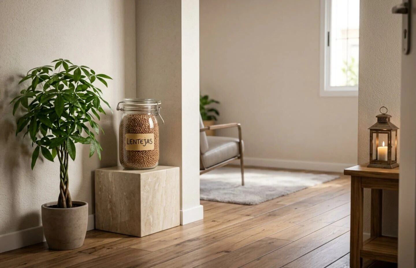 Frasco de lentejas en un hogar con decoración minimalista