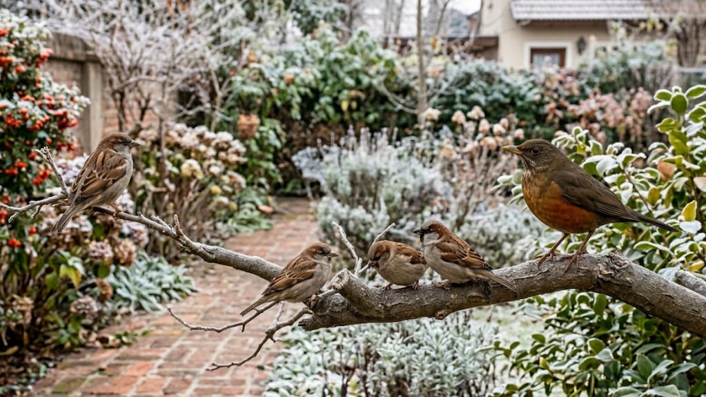 Zorzales y gorriones en un jardín de invierno
