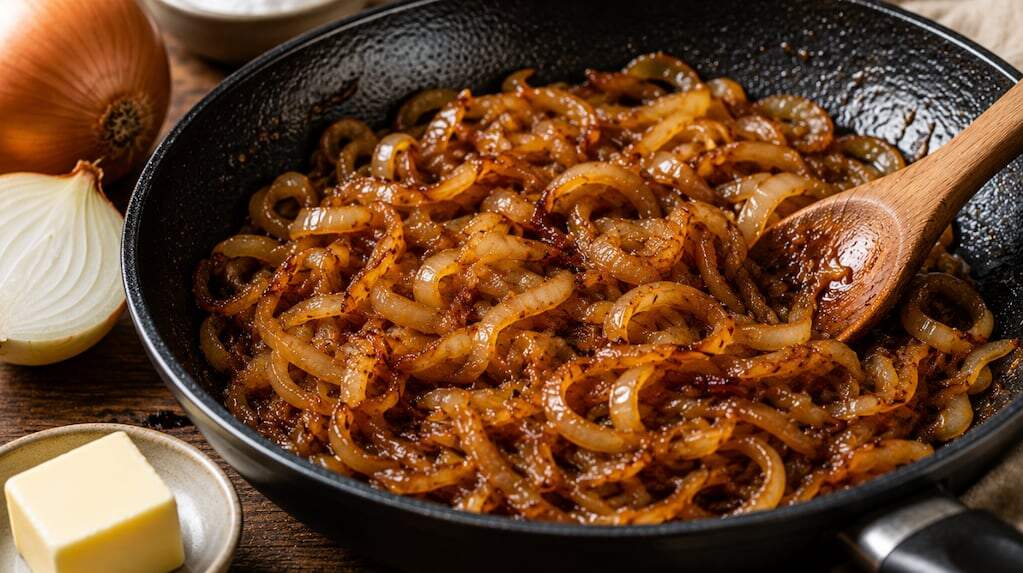 Cebolla caramelizada en una sartén