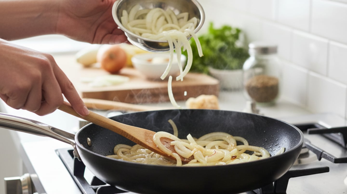 Persona caramelizando cebollas en una sartén con una cuchara de madera