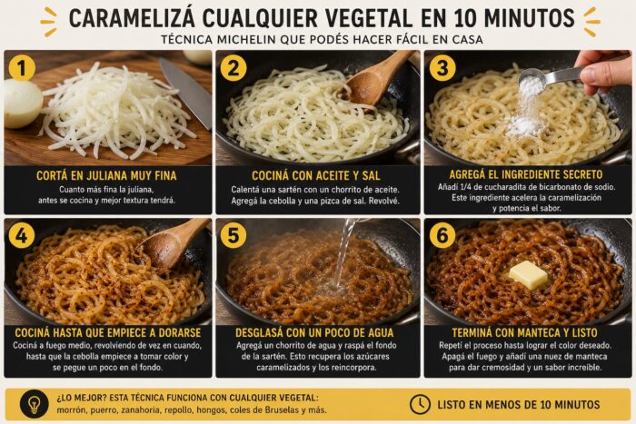 Proceso de caramelización de cebollas en seis pasos con bicarbonato de sodio