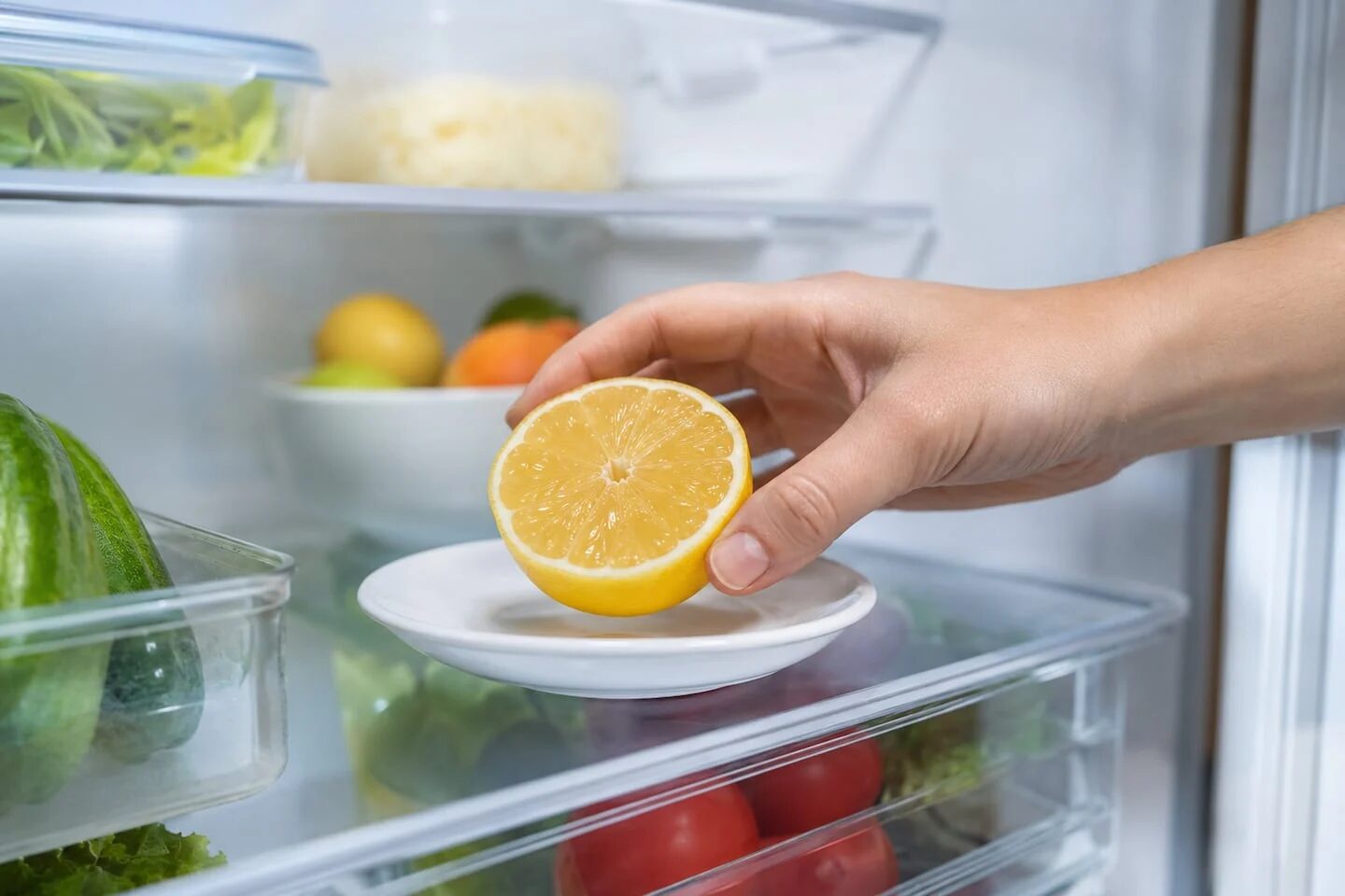 Mano colocando un limón cortado en un plato dentro del refrigerador