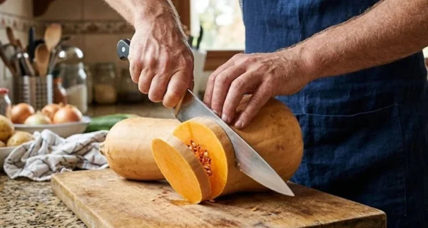 Corte seguro del zapallo anco en la cocina