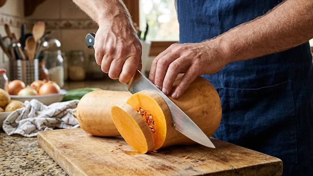 Corte seguro del zapallo anco en la cocina