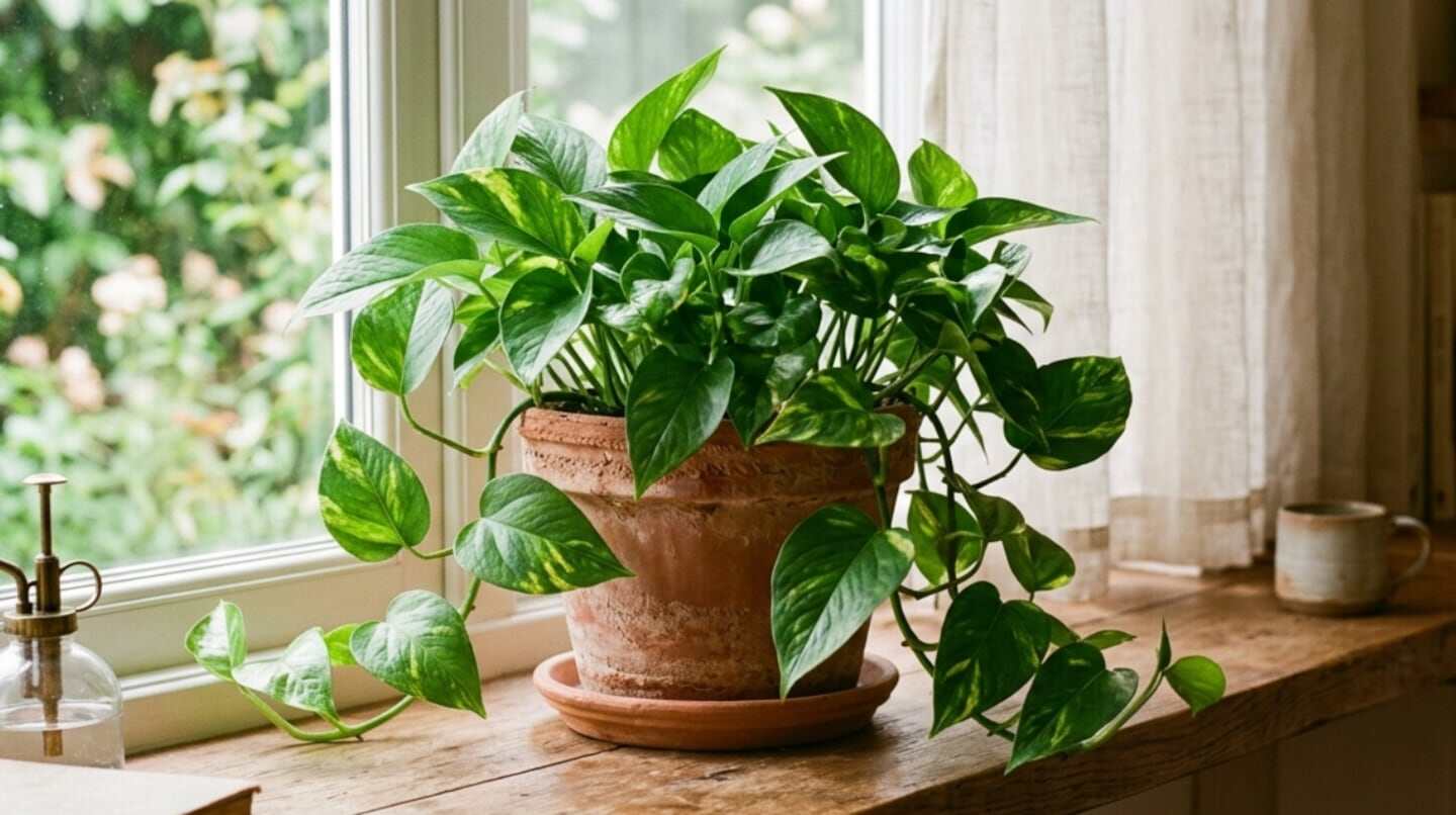 Planta de potus en maceta junto a una ventana con luz natural