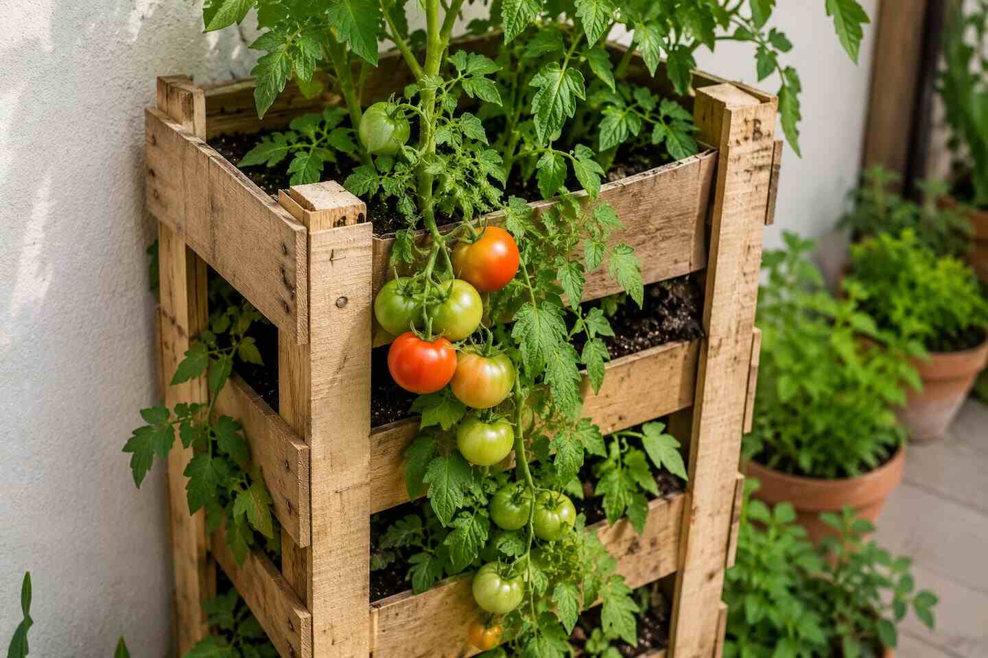 Cajón de verduras con plantas de tomate en diferentes etapas de maduración