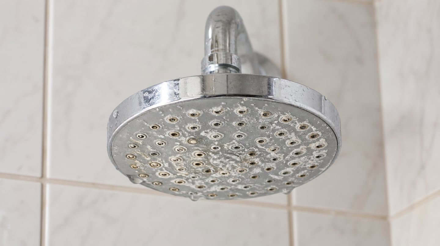 Cabezal de ducha con sarro acumulado que obstruye los chorros de agua