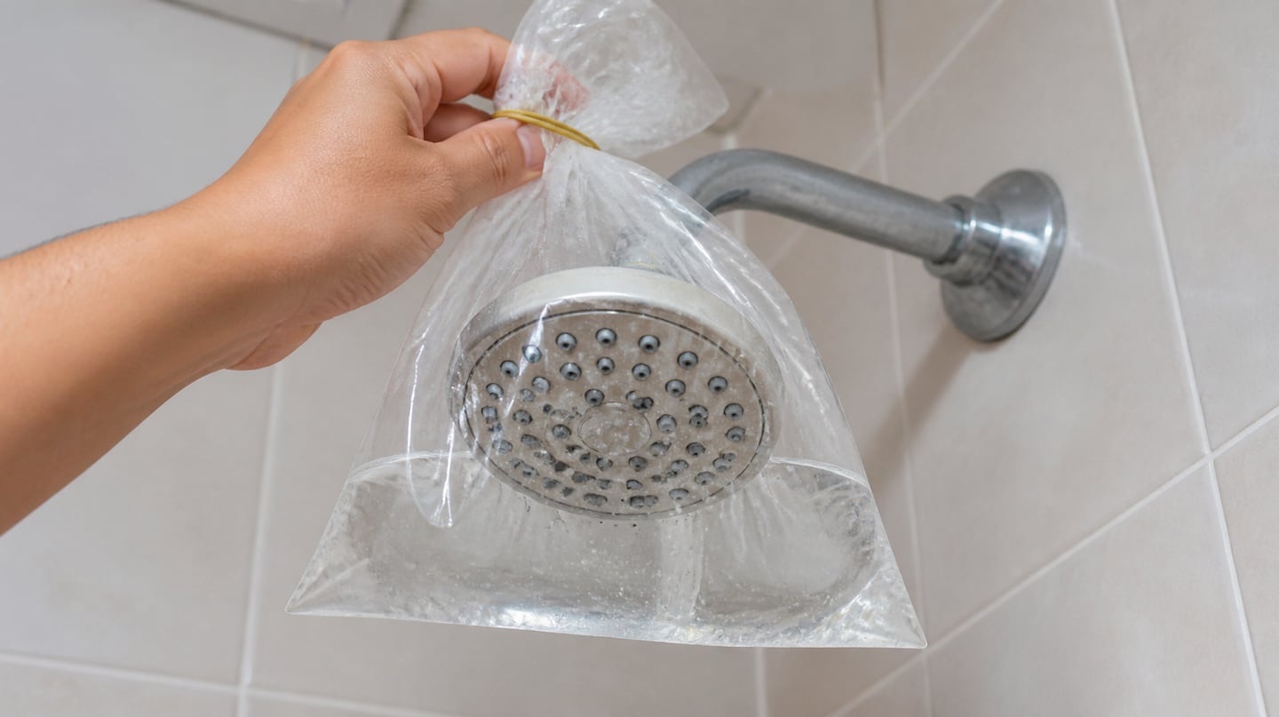 Ducha con cabezal sumergido en una bolsa de plástico con vinagre para limpieza