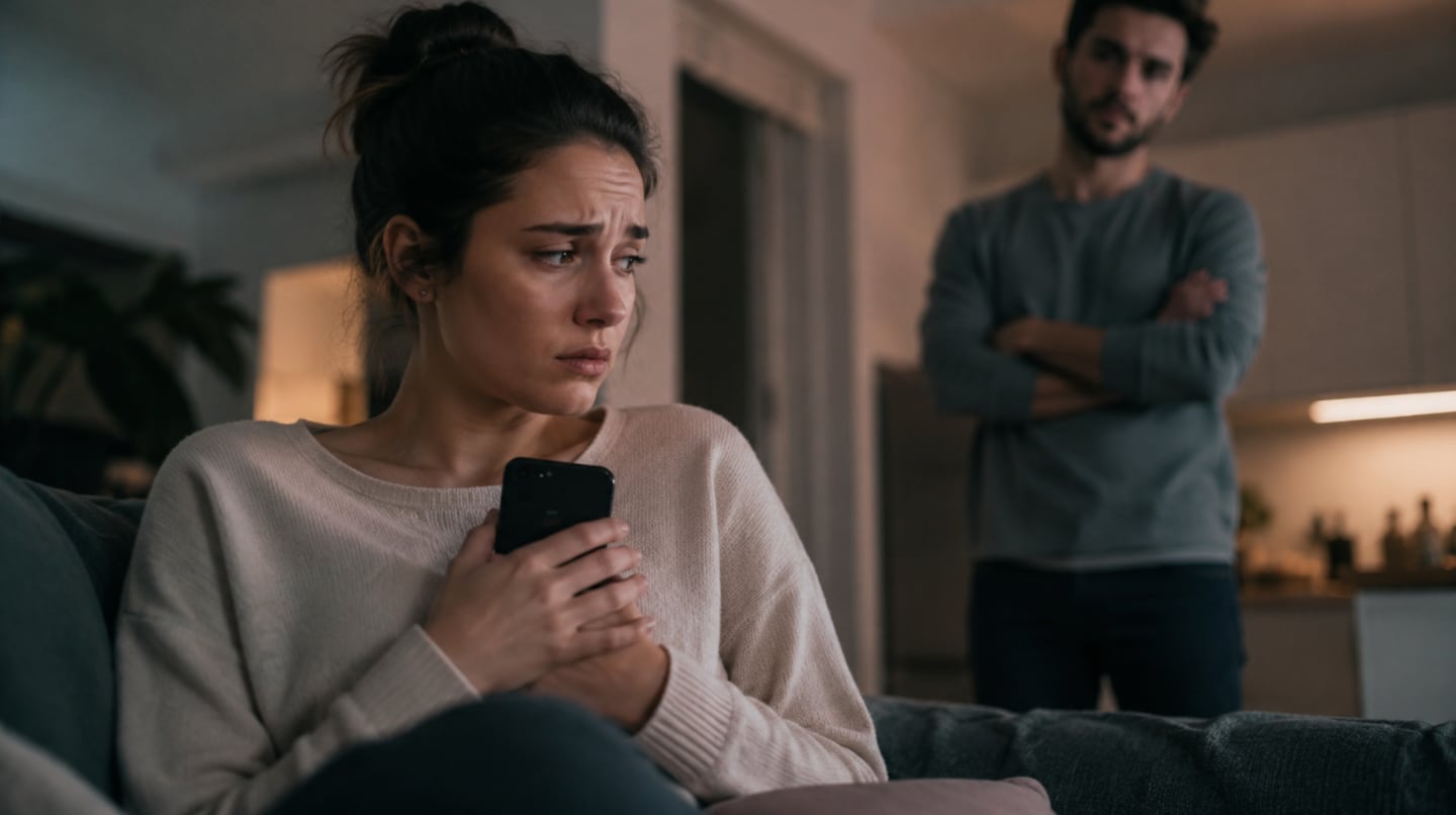 Mujer preocupada sosteniendo su celular mientras un hombre la observa desde atrás