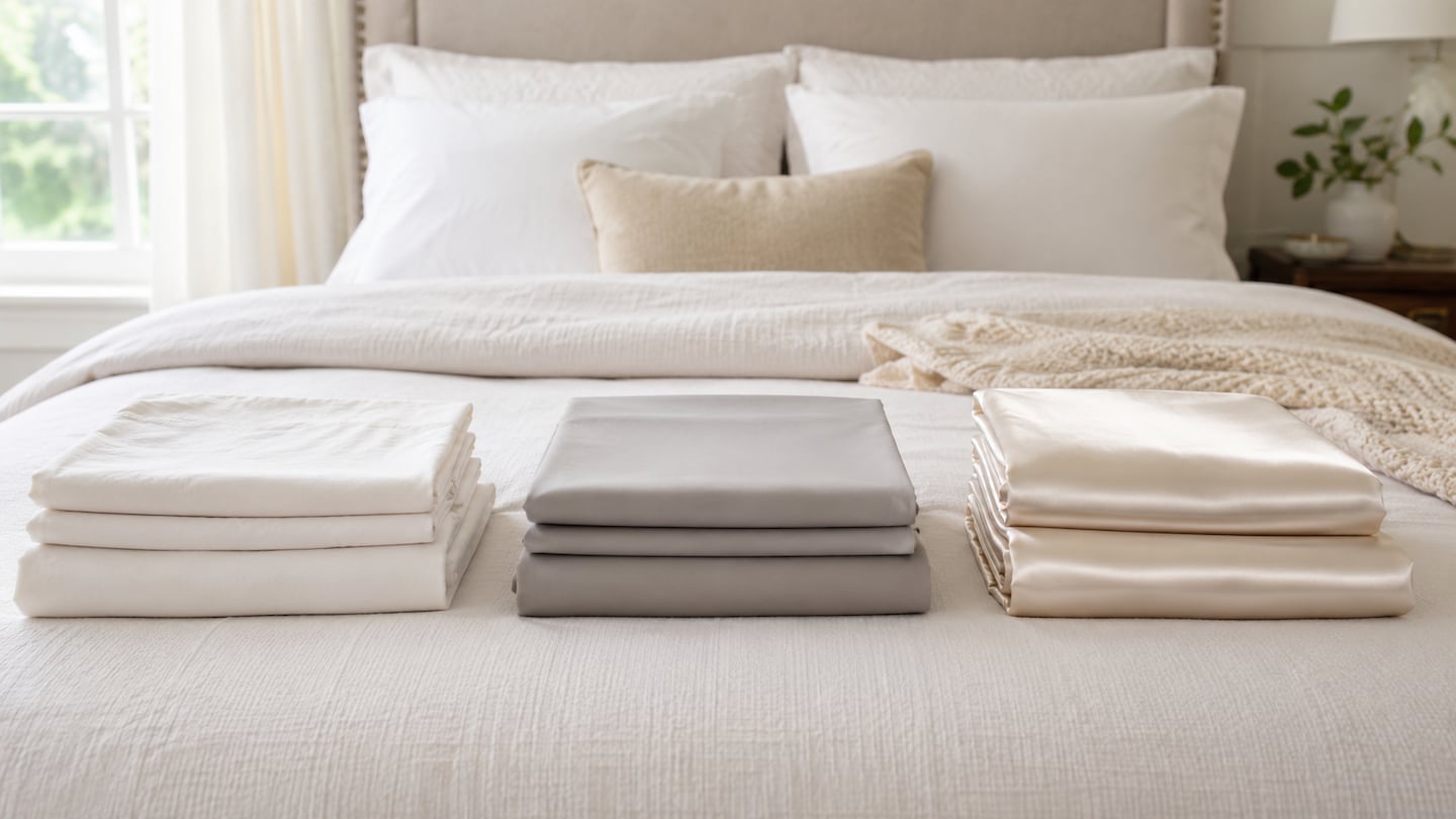Sábanas de algodón, microfibra y satén organizadas sobre una cama