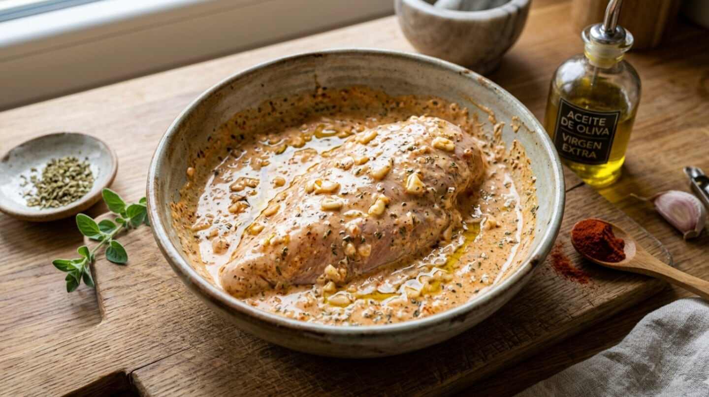 Pechuga de pollo marinándose en un bol con yogur y especias