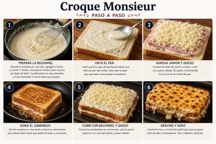 Pasos para preparar un Croque Monsieur, sándwich francés con bechamel
