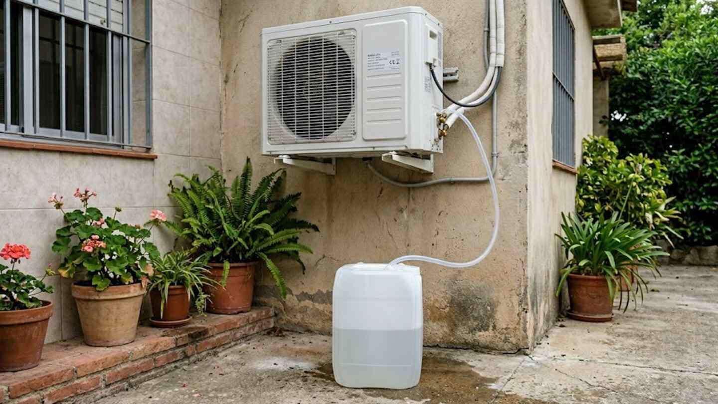 Sistema de recolección de agua del aire acondicionado junto a plantas en macetas