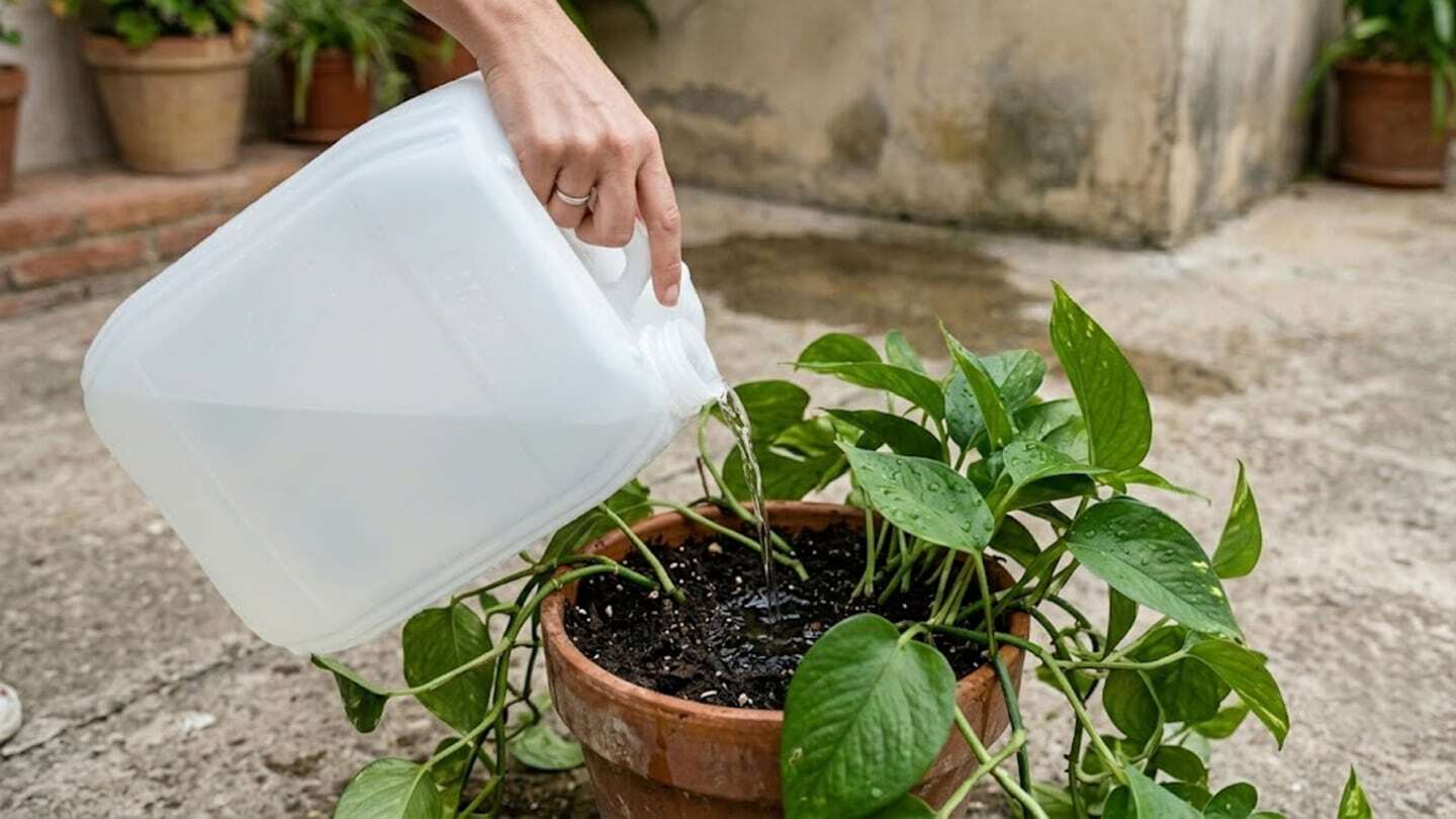 Persona regando una planta con agua del aire acondicionado en una maceta