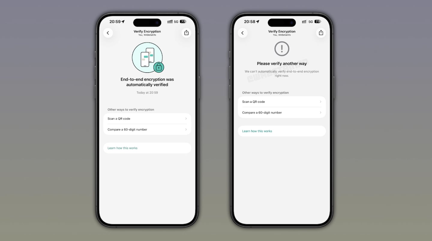 Pantalla de verificación de cifrado en WhatsApp con opciones de escaneo y comparación de números