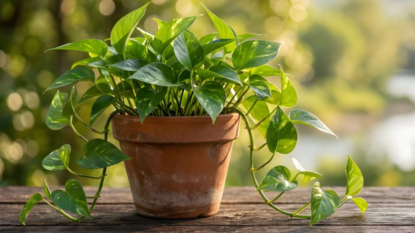 Planta potus en maceta de barro con hojas verdes brillantes