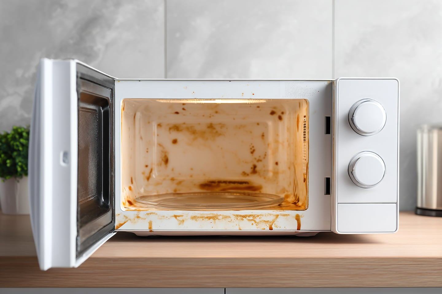 Microondas sucio con manchas de comida en su interior