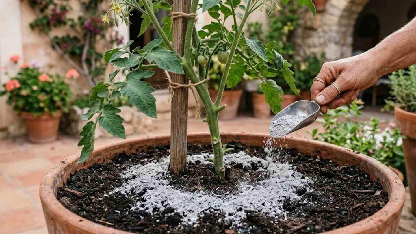 Aplicación de ceniza de madera en una planta de tomate en maceta