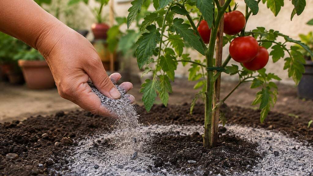 Planta de tomate con ceniza de madera