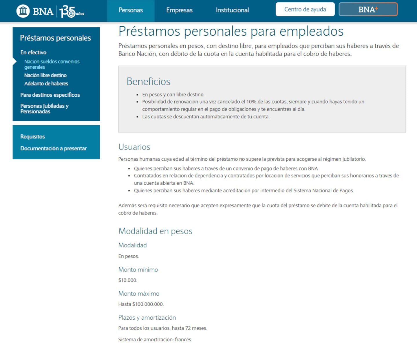 Página web sobre préstamos personales del Banco Nación en Argentina