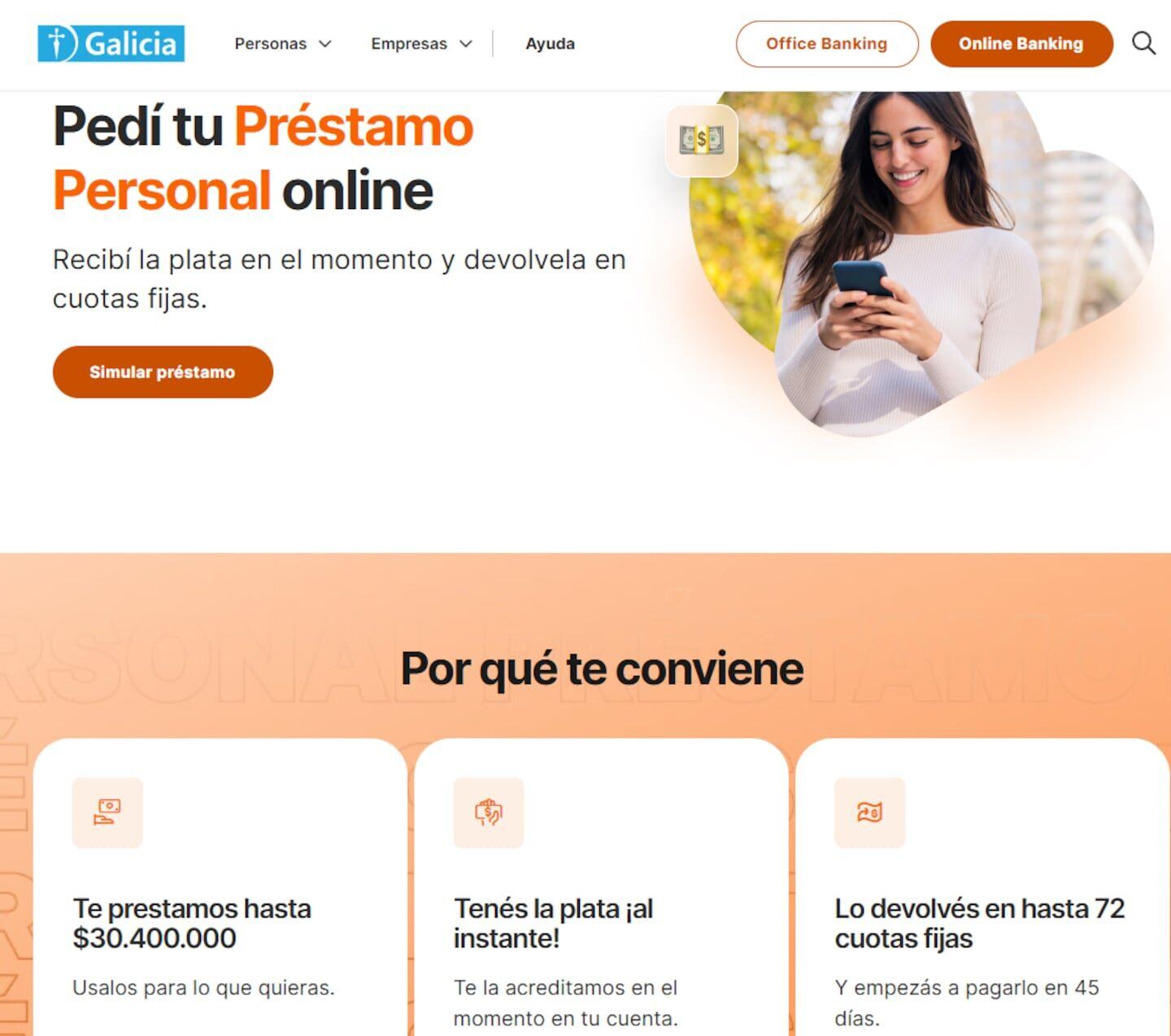 Página web de Banco Galicia sobre préstamos personales en línea