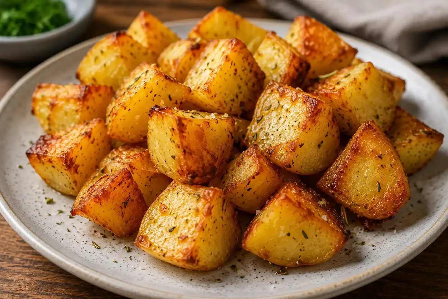 Papas doradas y crujientes en un plato blanco