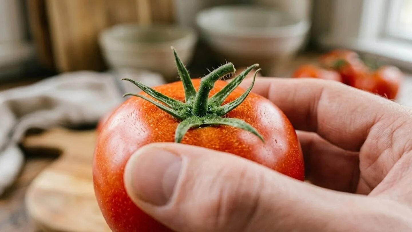 Mano sosteniendo un tomate rojo con tallo verde en un entorno de cocina