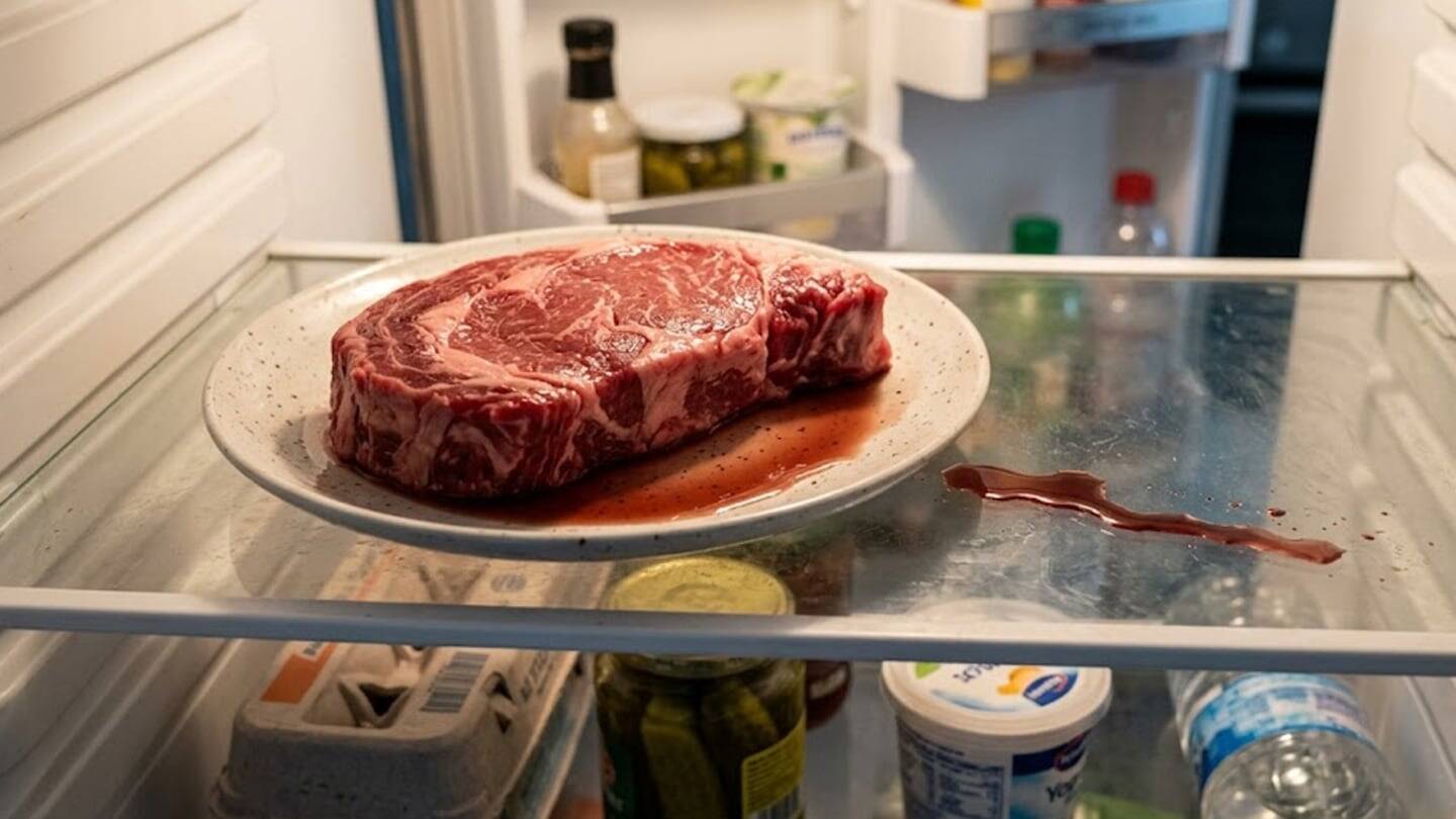 Trozo de carne roja en un plato dentro de un refrigerador