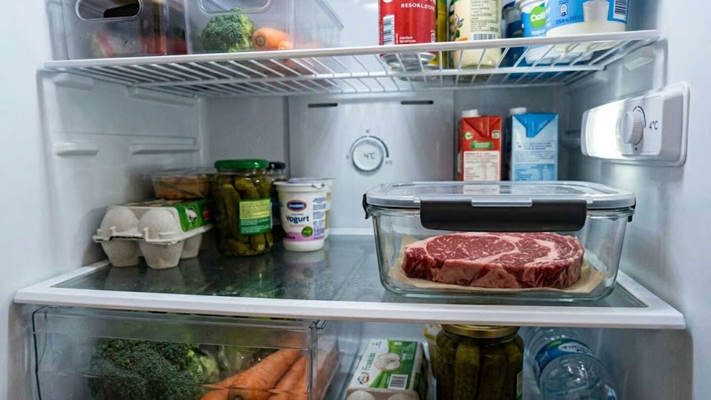 Carne almacenada en un refrigerador en un recipiente transparente