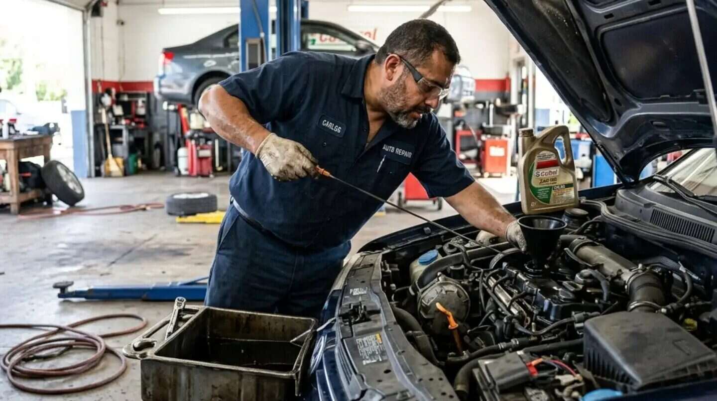 Mecánico revisando el aceite del motor de un vehículo en un taller