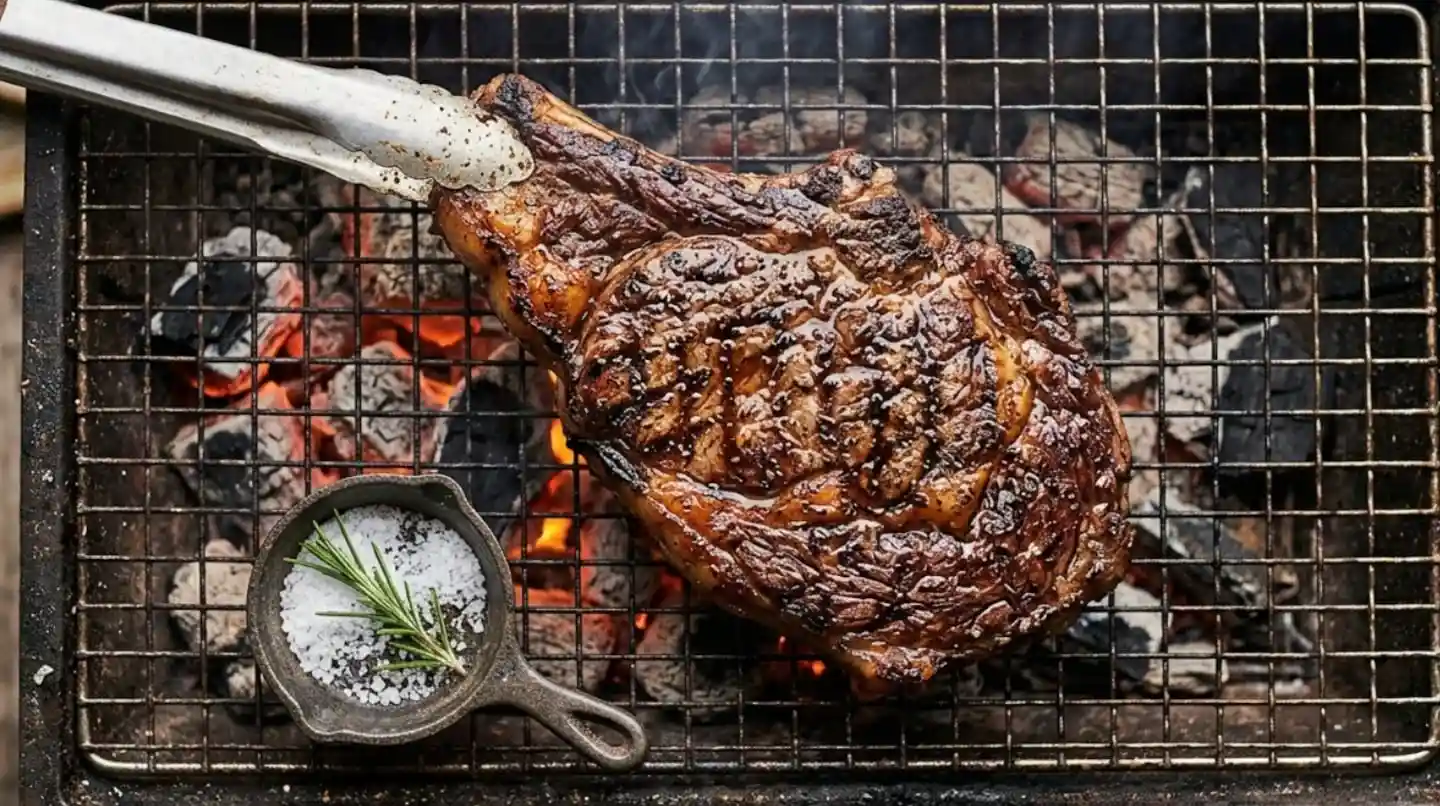 Carne asada en parrilla con sal y hierbas