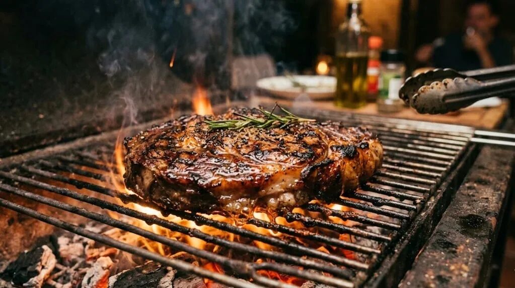 Chef Jurandir Lopes preparando carne a la parrilla