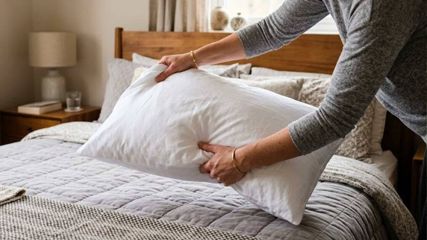 Persona ajustando una almohada en una cama