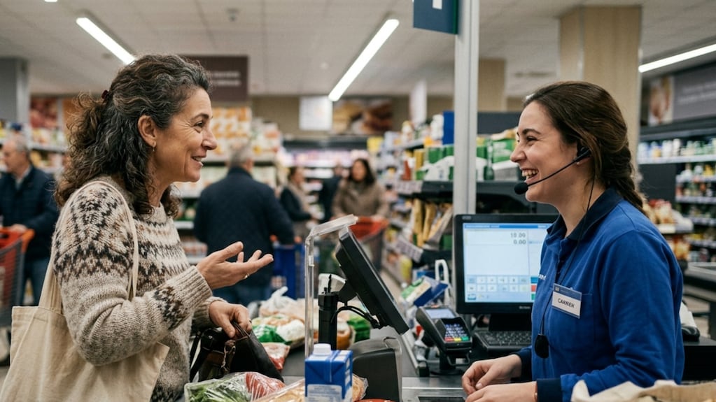 Personas conversando en un supermercado
