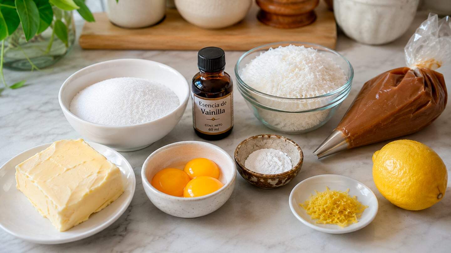 Ingredientes para preparar coquitos sin harina, incluyendo coco rallado, azúcar, mantequilla, huevos y dulce de leche