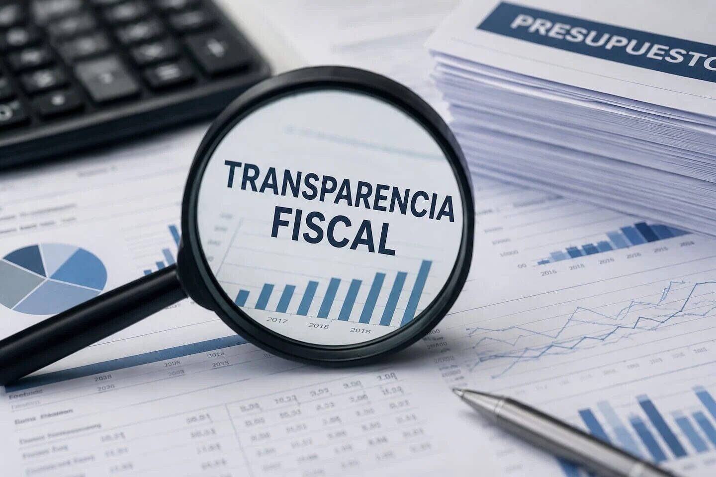 Lupa enfocando la frase 'Transparencia Fiscal' sobre documentos financieros y gráficos