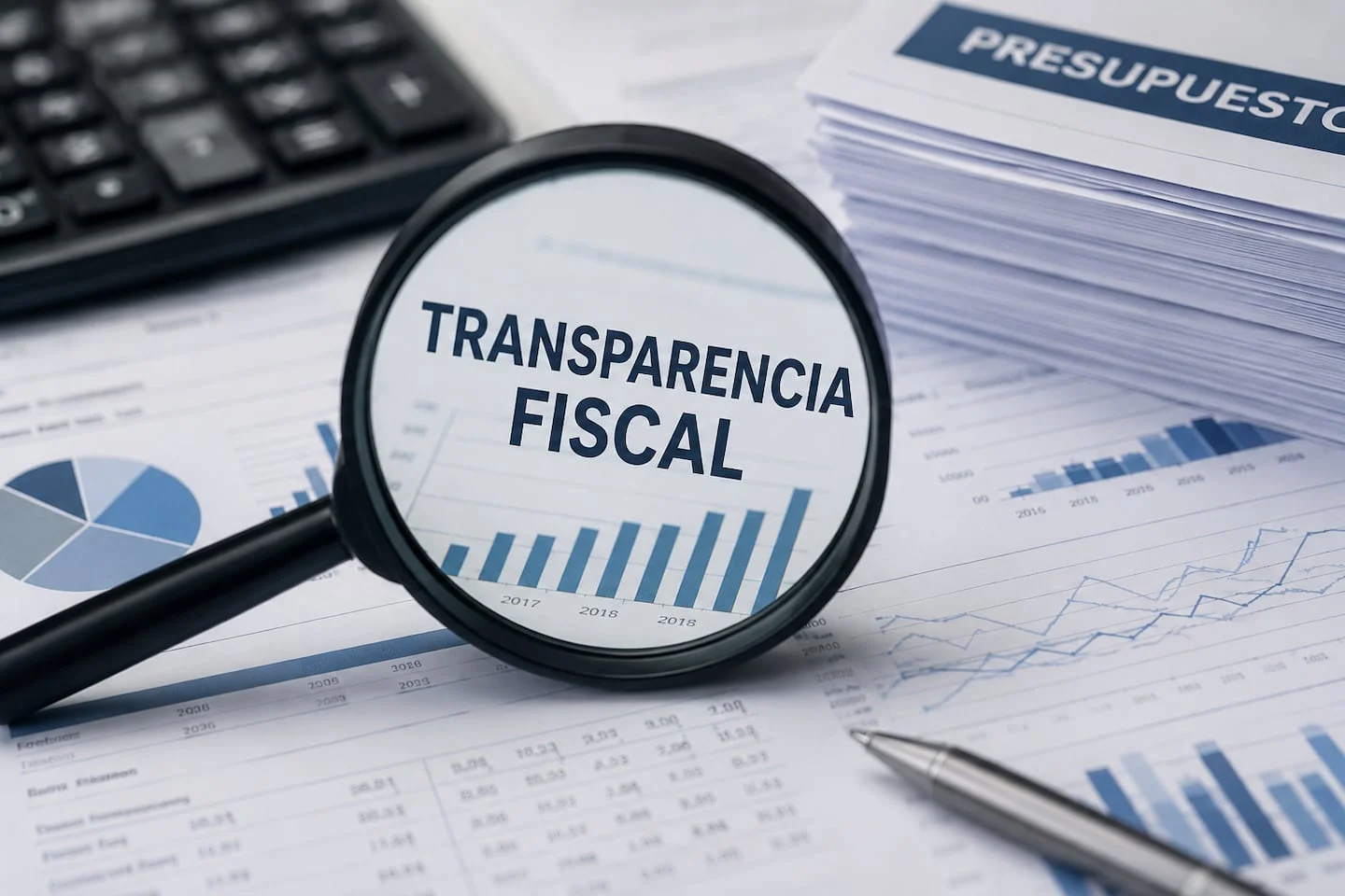 Lupa enfocando la frase 'Transparencia Fiscal' sobre documentos financieros y gráficos