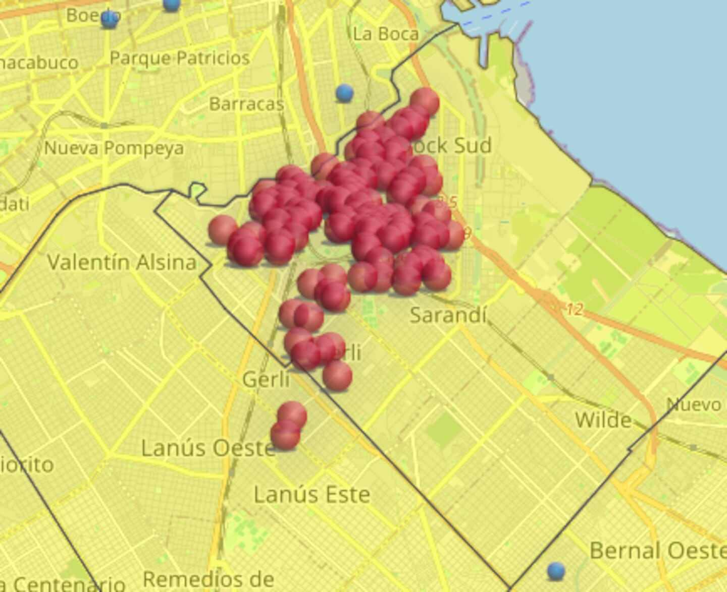 Mapa de Avellaneda mostrando áreas afectadas por el corte de luz